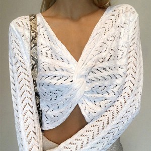 Το White V-Neck Pullover έβγαλε το μακρύ μανίκι της μόδας Show Thin Sexy πλεκτά γυναικεία πουλόβερ